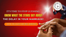 a man is holding a clock over a woman 's hand with the words " it 's time to stop guessing "