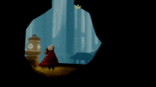 a person in a red cape stands in a cave