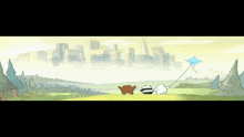 two bears flying a kite in front of a city