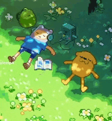 a pixel art drawing of a boy laying on the grass