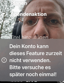 a close up of a man 's face with the words " planen spendenaktion " above it