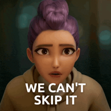 a cartoon girl with purple hair and the words we can 't skip it