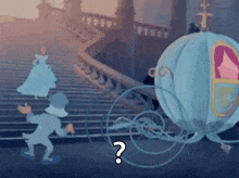 a cinderella carriage is pulling a princess down the stairs .