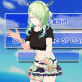a girl with green hair and antlers is standing in front of a screen that says gain