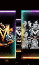 a group of people are standing next to each other in front of a glowing m logo