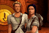 a man and a woman are standing next to each other in front of a clock with a letter l on it