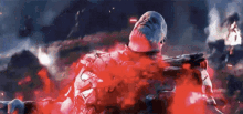 a man is laying on the ground with red smoke coming out of his chest .