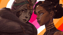 a couple of cartoon characters looking at each other with a pink heart in the background