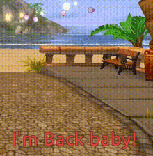a picture of a beach with the words " i 'm back baby " on it