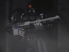a man in a gas mask is holding a rifle in a dark room