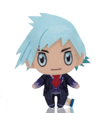 a stuffed animal with blue hair and blue eyes