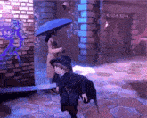 a person holding an umbrella in front of a sign that says ' xd4a ' on it