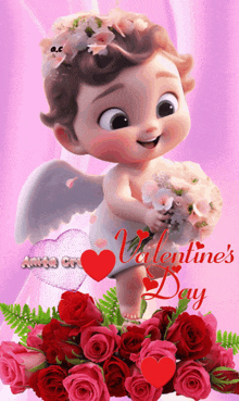 a valentine 's day card with a baby cupid holding flowers