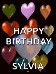 a happy birthday sylvia greeting card with hearts and balloons
