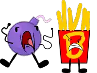 a cartoon drawing of a bomb and a french fries box with the letter b on it