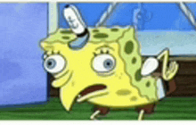a cartoon of spongebob squarepants making a funny face while walking on the grass .