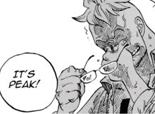 a black and white drawing of a man wearing glasses and a speech bubble that says it 's peak .