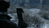 a man in a video game is holding a gun in a field of tall grass