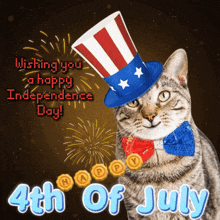 a cat is wearing an uncle sam hat and a bow tie and wishing you a happy independence day