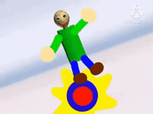 a cartoon character with green arms and legs is standing on a yellow circle .