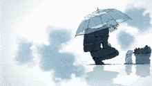 a drawing of a man with an umbrella and a cat in the rain