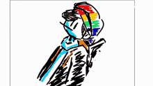 a drawing of a person laying on a bed with a rainbow hat on .