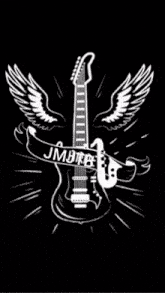 a jmjtb logo with a guitar and wings