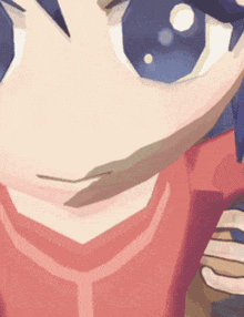 a close up of a cartoon character with blue eyes