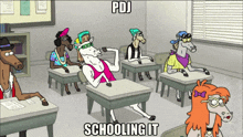 a cartoon of horses in a classroom with the words pdj schooling it on the bottom