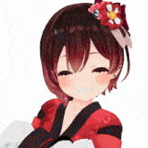 a close up of a girl with red hair and a flower in her hair