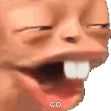a close up of a person 's face with their mouth open and the word go on it .