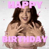 a woman with a surprised look on her face and the words happy birthday behind her