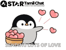 a penguin holding a bowl of pink hearts with the words sending lots of love below it