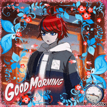 a picture of a boy with red hair and the words good morning on the bottom