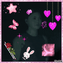 a picture of a girl surrounded by pink hearts and butterflies with the words picmix on the bottom