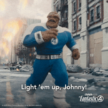 a poster for the fantastic four first steps shows the thing in a blue suit