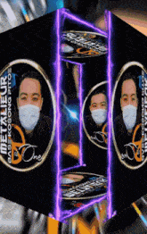 a man wearing a face mask is surrounded by purple lights and a metallicur logo