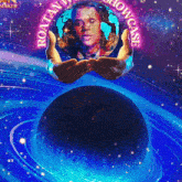 a poster for the roatan showcase features a man holding a globe in his hands