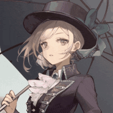 a girl in a top hat holds an umbrella in her hand