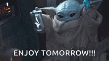 a baby yoda from the mandalorian is sitting in a chair holding a bag of chips and a lighter .