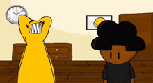 a cartoon drawing of a man and a cat with a clock on the wall behind them