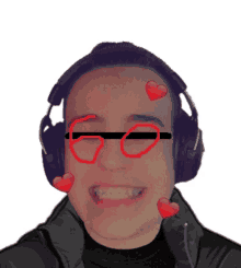 a man wearing headphones and glasses with hearts on his face