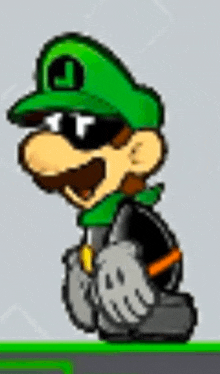 a cartoon character wearing a green hat and sunglasses is sitting on the ground .