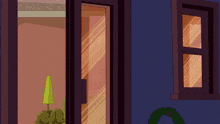 a cartoon drawing of a house with a lamp and a wreath outside