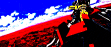 a pixelated image of a person holding a cross