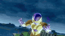 a cartoon character is standing on top of a rock .