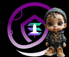 a baby doll is standing in front of a purple logo with a rocket on it