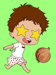 a cartoon of a boy with stars in his eyes and an onion in his hand