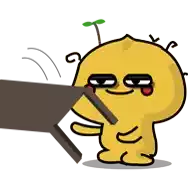 a cartoon character with a plant growing out of his head is standing next to a table .