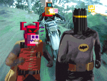 a pixelated image of a batman standing next to a motorcycle rider